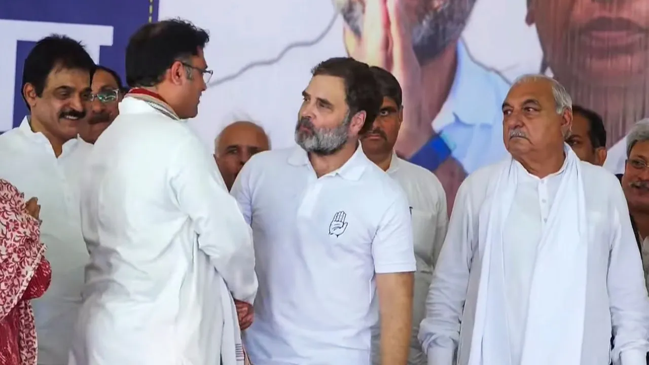 Leader of Opposition in Lok Sabha and Congress leader Rahul Gandhi with former MP Ashok Tanwar during a public ahead of Haryana Assembly elections, in Mahendragarh district, Haryana, Thursday, Oct. 4, 2024.