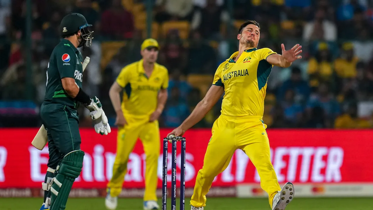 Australia's Marcus Stoinis bowls during the ICC Men's Cricket World Cup 2023 match between Pakistan and Australia at M. Chinnaswamy Stadium, in Bengaluru, Friday, Oct. 20, 2023. 