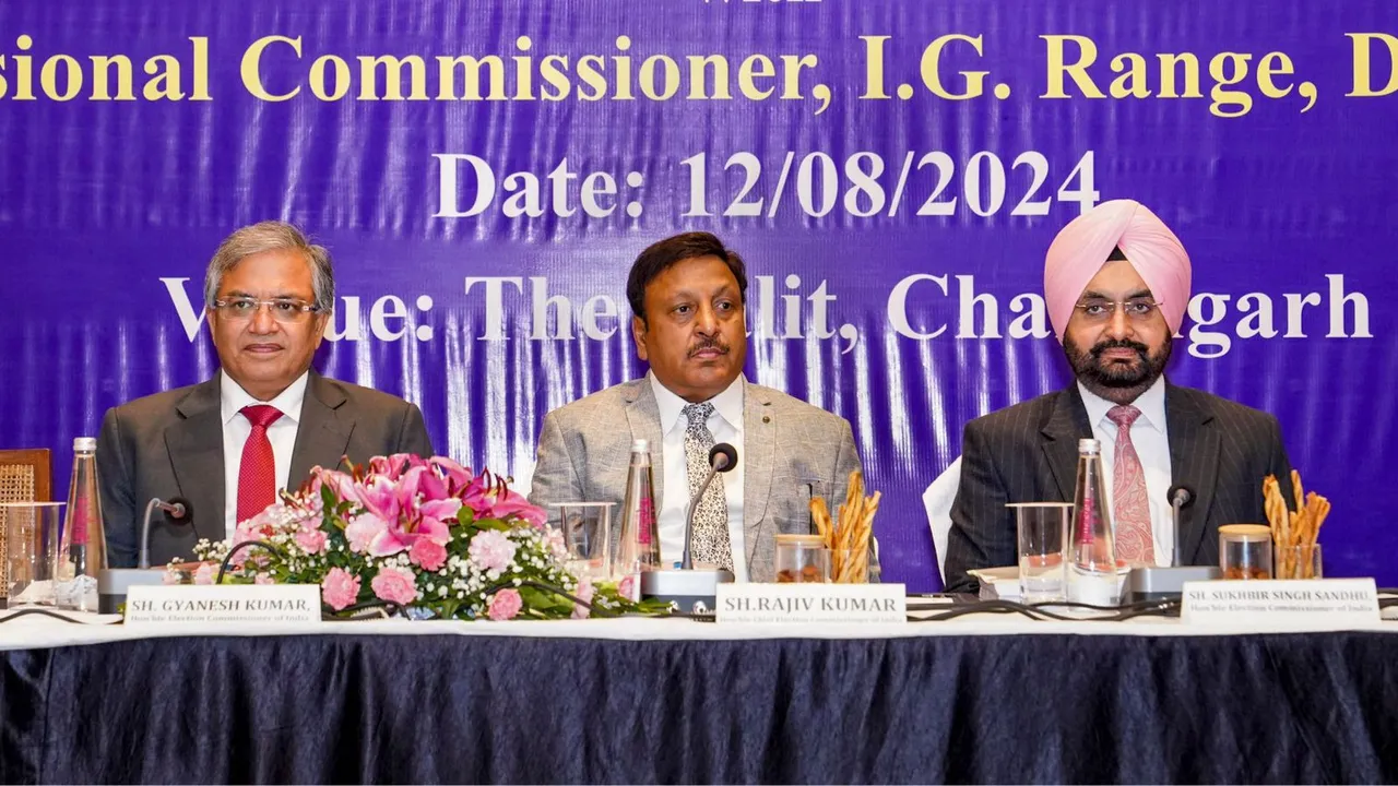 Chief Election Commissioner Rajiv Kumar with Election Commissioners Gyanesh Kumar and SS Sandhu reviews the poll preparedness for forthcoming Haryana assembly elections, in Chandigarh.