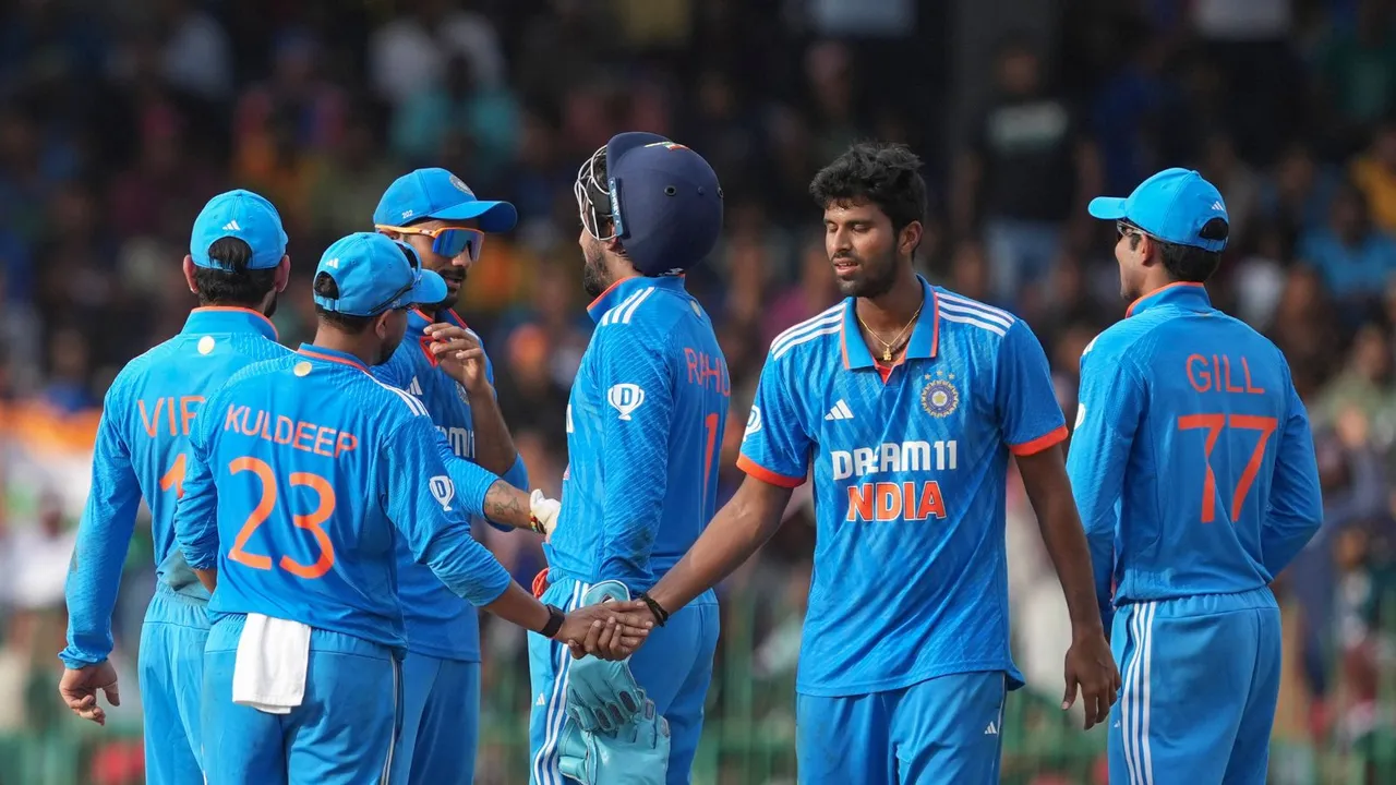 India's Washington Sundar with teammates after taking the wicket of Sri Lanka's captain Charith Asalanka during the second ODI cricket match of the series