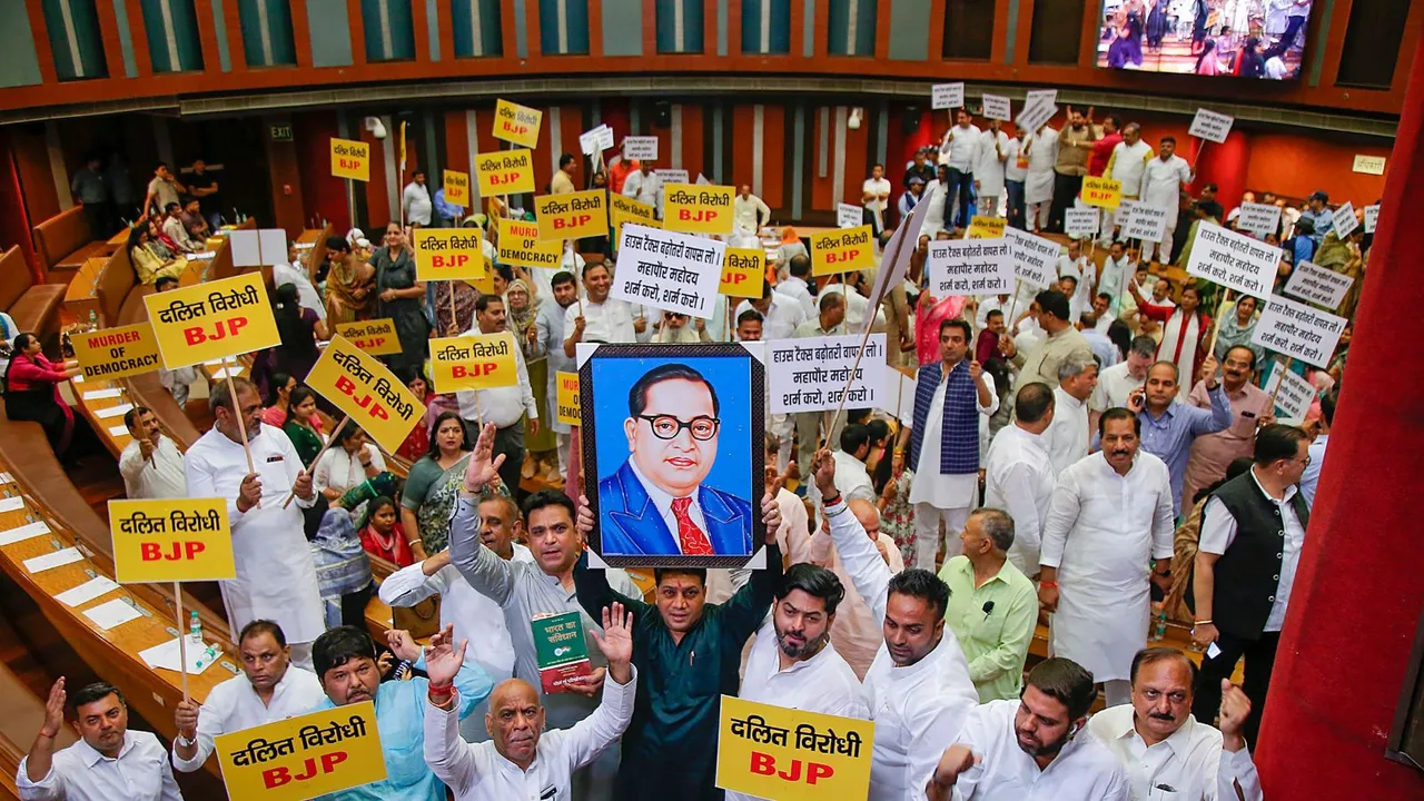 AAP and BJP councillors protest in the MCD House, in New Delhi, Friday, April 26, 2024
