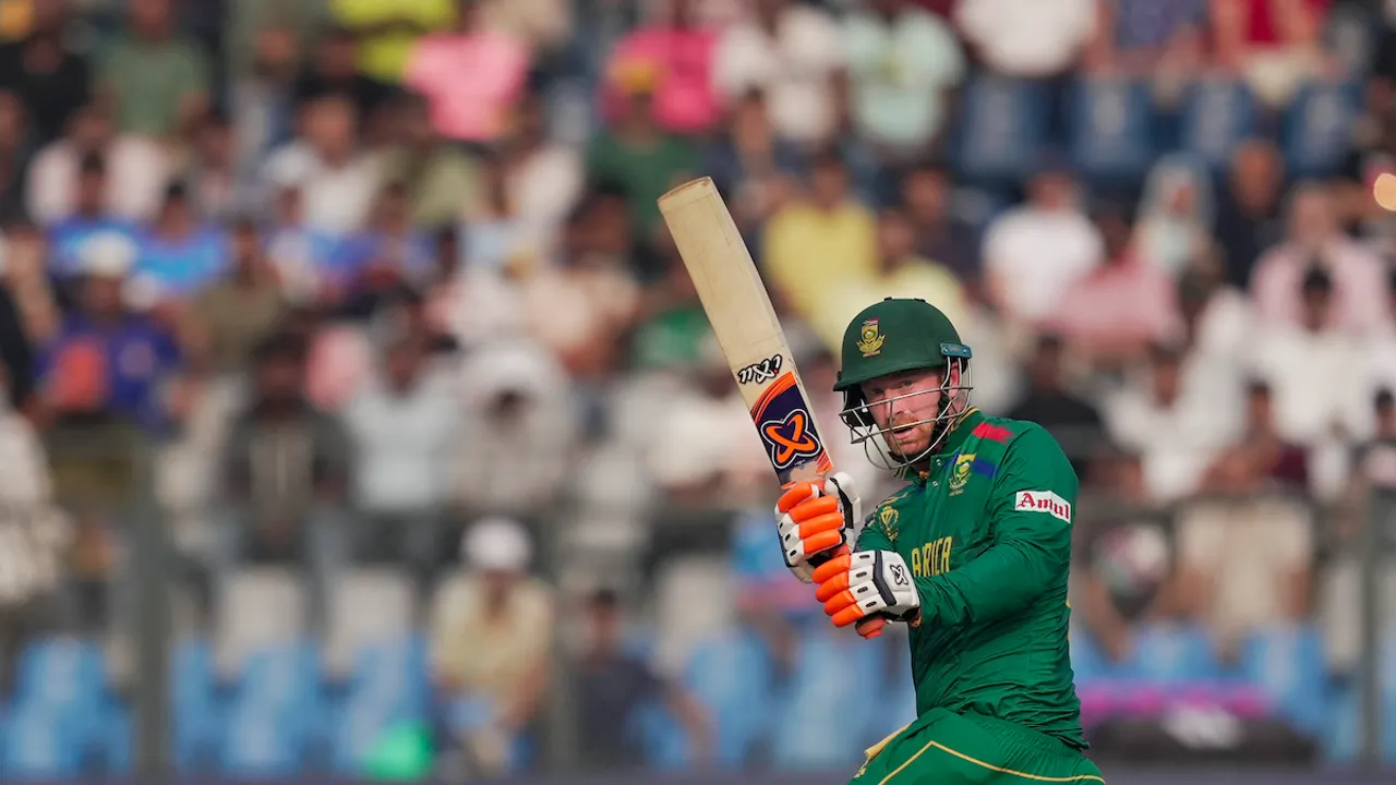 South Africa’s Heinrich Klaasen plays a shot during the ICC Men’s Cricket World Cup 2023 match between England and South Africa, at Wankhede Stadium, in Mumbai, Saturday, Oct. 21, 2023.