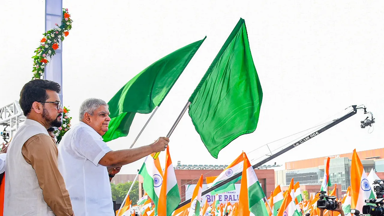 Vice President Jagdeep Dhankhar with Union Minister for Youth Affairs and Sports Anurag Thakur flags off ‘Har Ghar Tiranga’ Bike Rally, in New Delhi