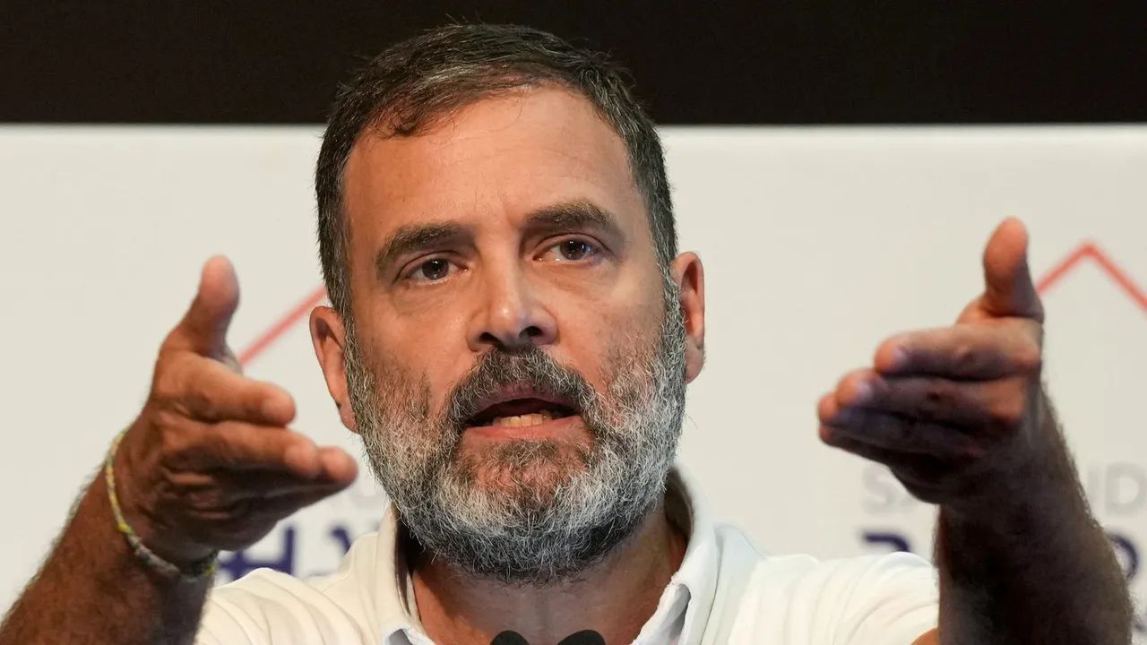 Congress leader Rahul Gandhi addresses the 'Samajik Nyay Sammelan' at Jawahar Bhavan, in New Delhi, Wednesday, April 24, 2024