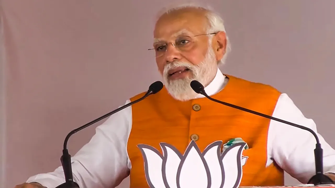 Prime Minister Narendra Modi speaks during a public meeting ahead of the Karnataka Assembly elections in Ballari on May 5