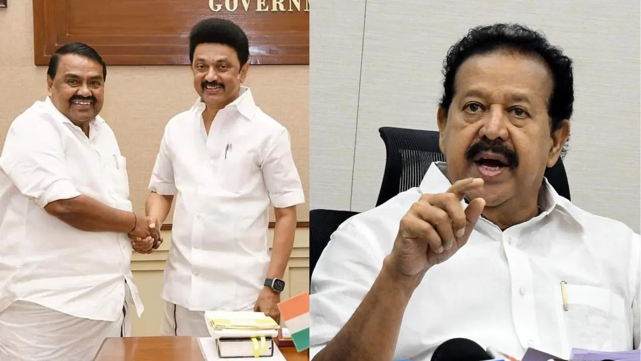 (Left) R.S. Rajakannappan with M K Stalin and (Right) K Ponmudy