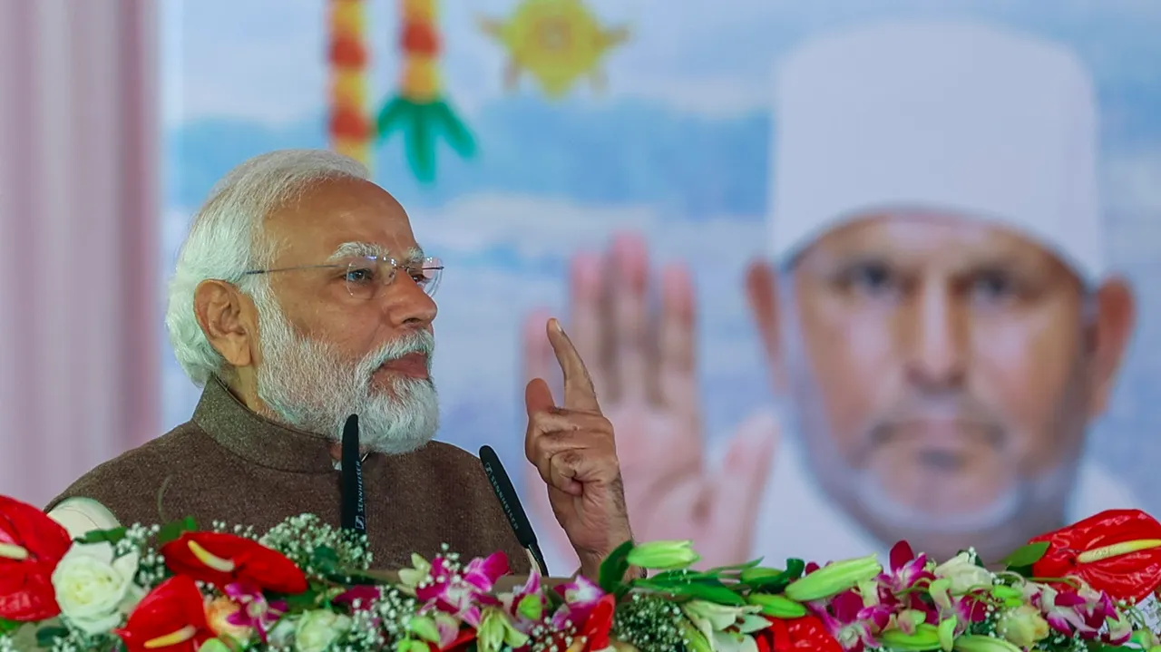 Prime Minister Narendra Modi addresses during the inauguration of Swarved Mahamandir, in Varanasi