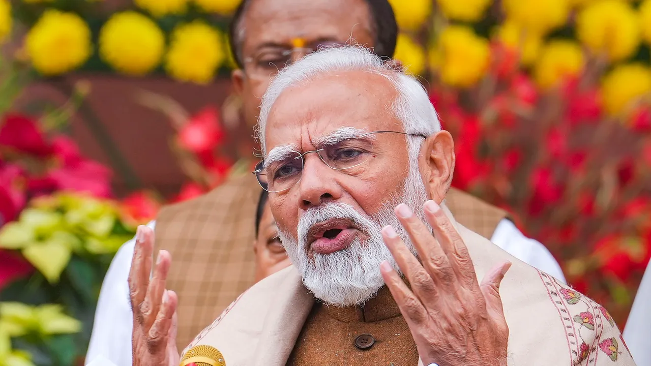 Prime Minister Narendra Modi addresses the media on the first day of the Budget session of Parliament