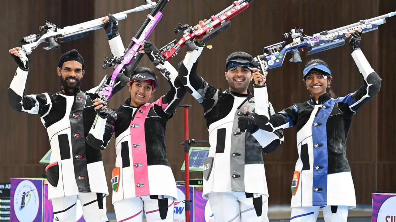 Sandeep Singh, Ramita Jindal, Arjun Babuta and Elavenil Valarivan (L to R) celebrate after take part in Final practice match of 100m Air Rifle, before leaving for the Paris Olympics, at Madhya Pradesh Shooting Academy in Bhopal