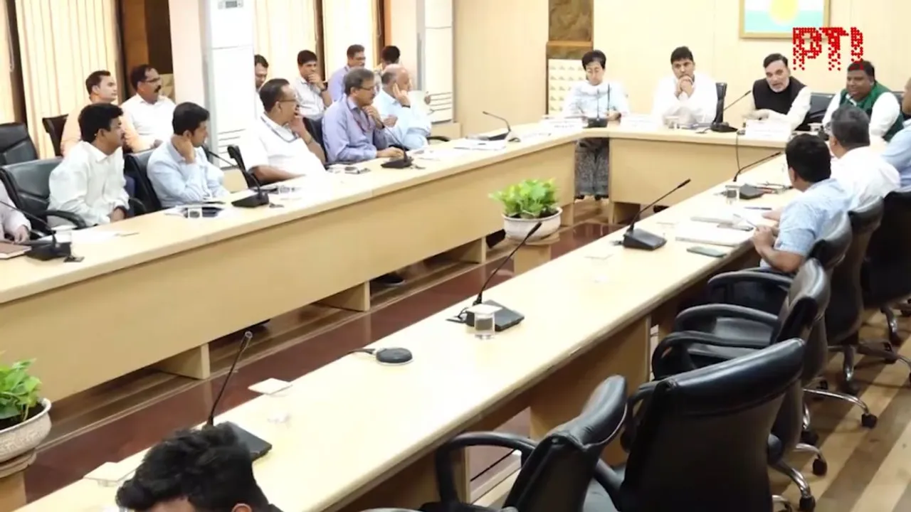 Delhi Ministers Atishi , Saurabh Bharadwaj and Gopal Rai hold a meeting at the Secretariat on waterlogging in various parts of the national capital.