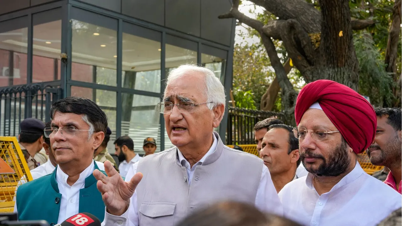 Congress leaders Salman Khurshid, Pawan Khera and other speaks to the media after a meeting with ECI ahead of Lok Sabha polls, at Nirvachan Sadan in New Delhi, Tuesday, April 2, 2024