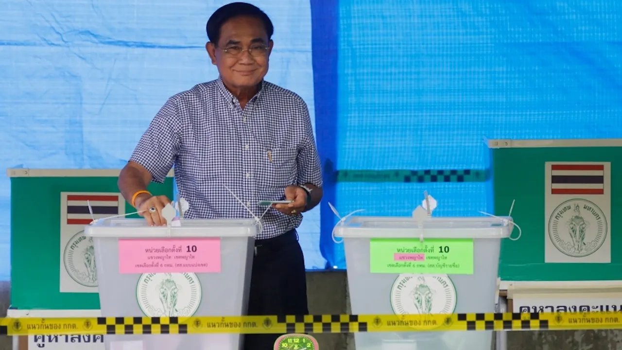 Incumbent Thai Prime Minister and United Thai Nation Party's prime ministerial candidate Prayut Chan-o-cha casts his ballot at a polling station during the general election in Bangkok, Thailand on 14 May