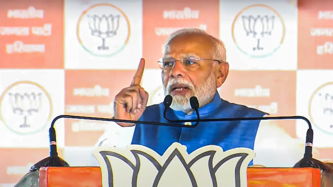 Prime Minister Narendra Modi during a public meeting in Sonipat, Haryana, Wednesday, Sept. 25, 2024.