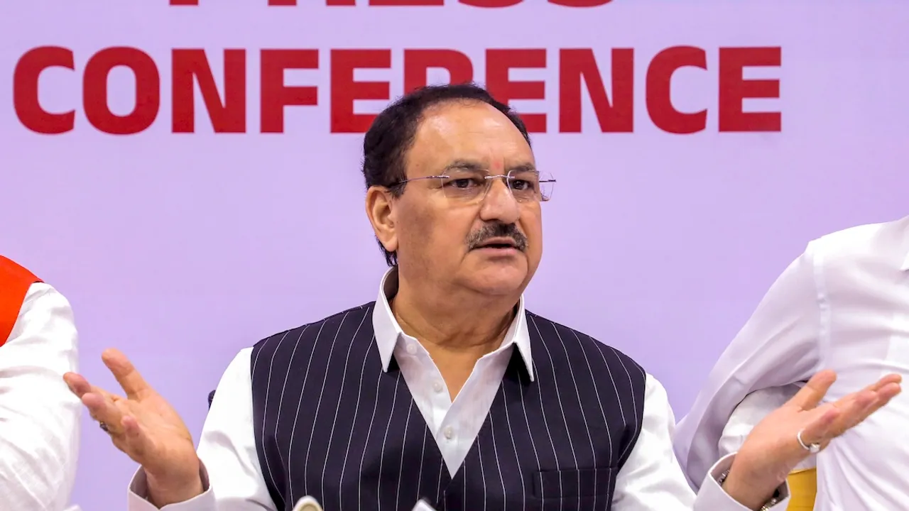 Union Minister JP Nadda addresses a press conference, in Rajkot, Saturday, Aug. 10, 2024.