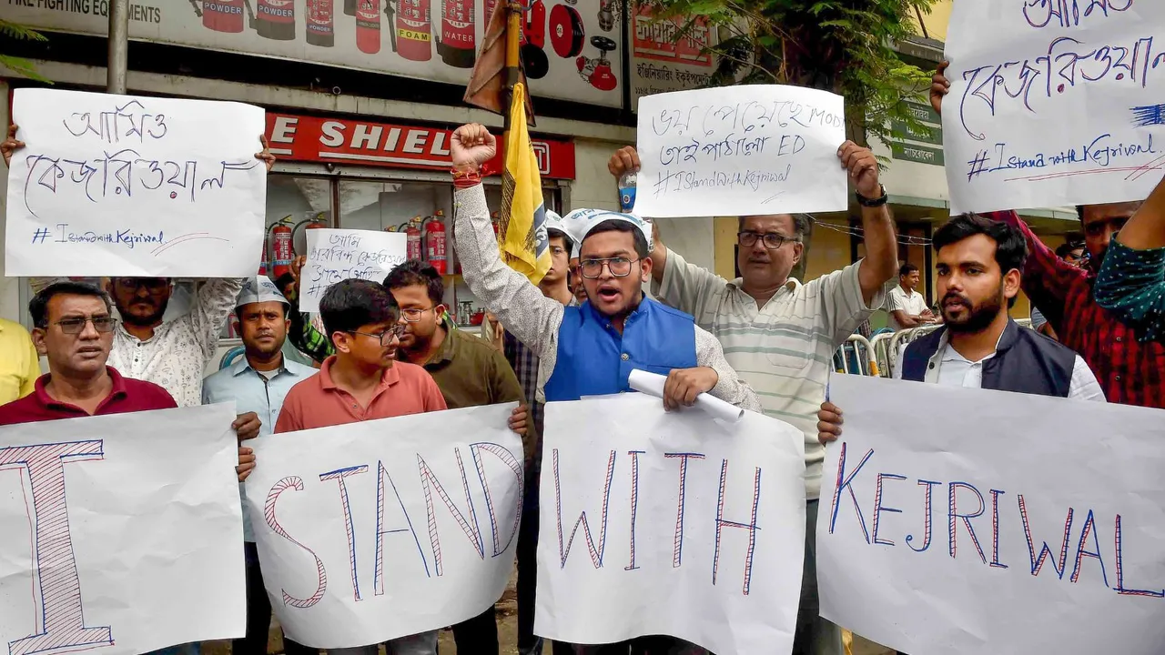 AAP workers stage a protest against the arrest of their leader and Delhi Chief Minister Arvind Kejriwal, in front of the BJP office, in Kolkata