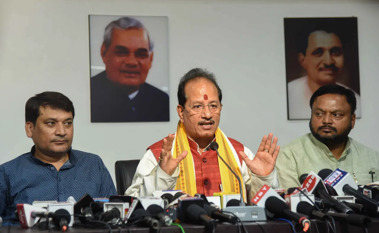 Leader of Opposition in Bihar Assembly Vijay Kumar Sinha addresses a press conference, in Patna