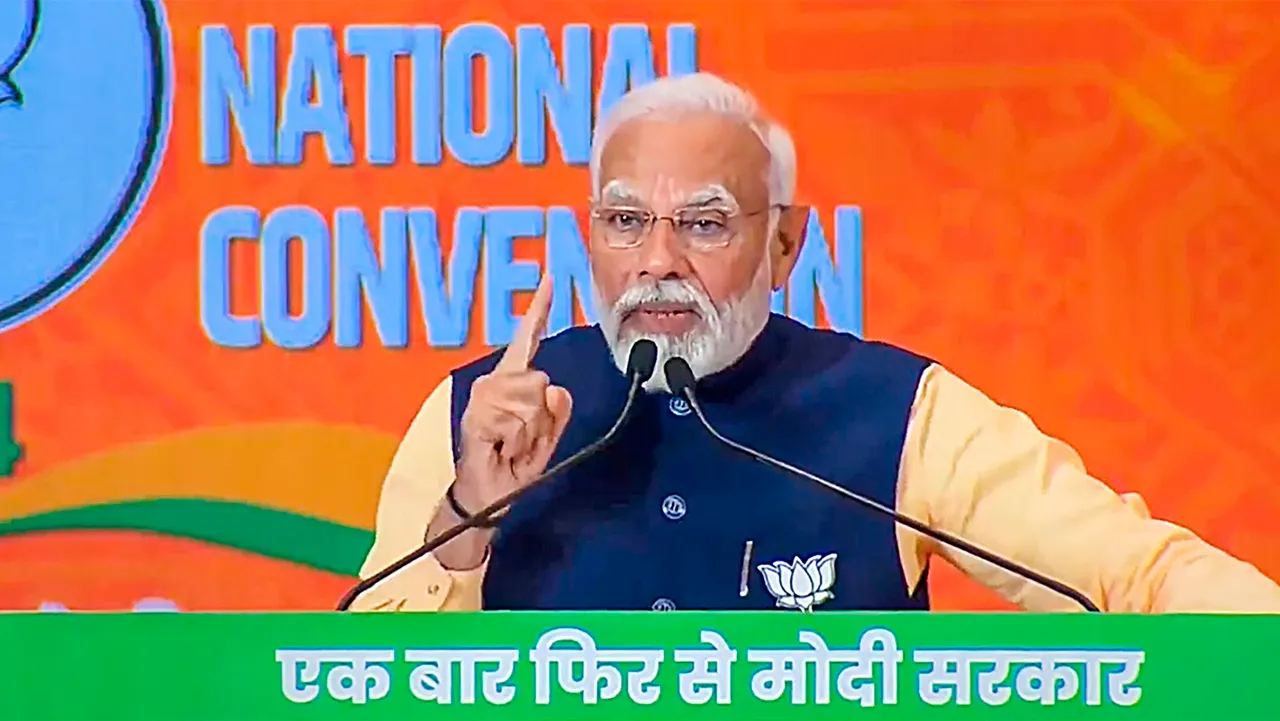Prime Minister Narendra Modi addresses the BJP National Council meeting on its second day at the Bharat Mandapam, in New Delhi