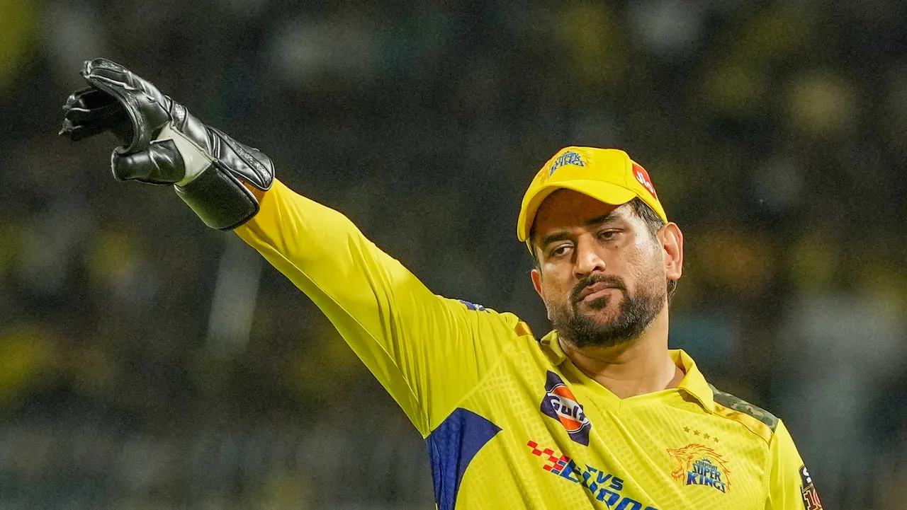 Chennai Super Kings skipper M S Dhoni during the IPL 2023 cricket match against Kolkata Knight Riders at Eden Gardens on April 23
