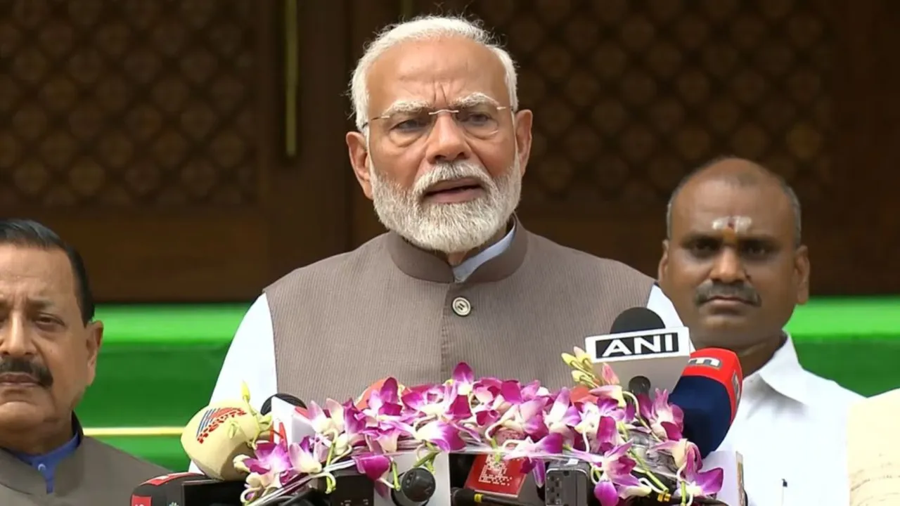 Prime Minister Narendra Modi addresses the media on the first day of the Parliament session, in New Delhi, Monday, July 22, 2024.