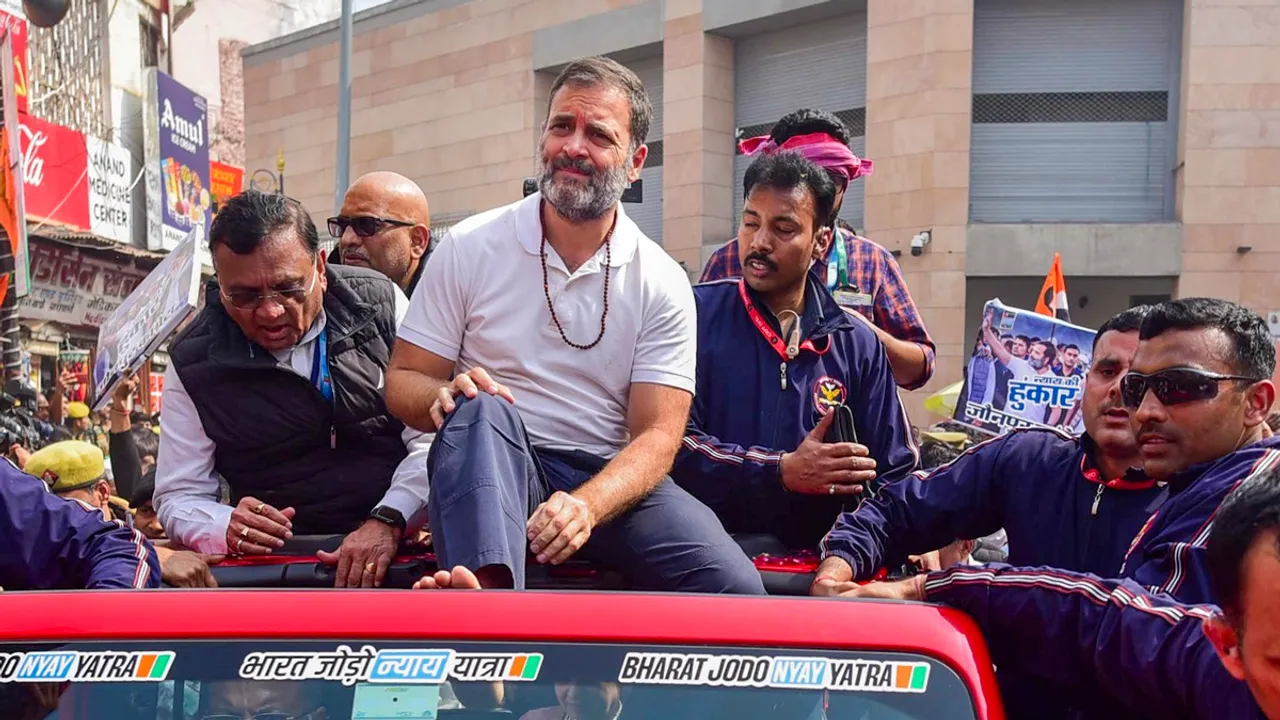 Congress leader Rahul Gandhi greets supporters during the �Bharat Jodo Nyay Yatra, in Varanasi, Saturday, Feb. 17, 2024. 