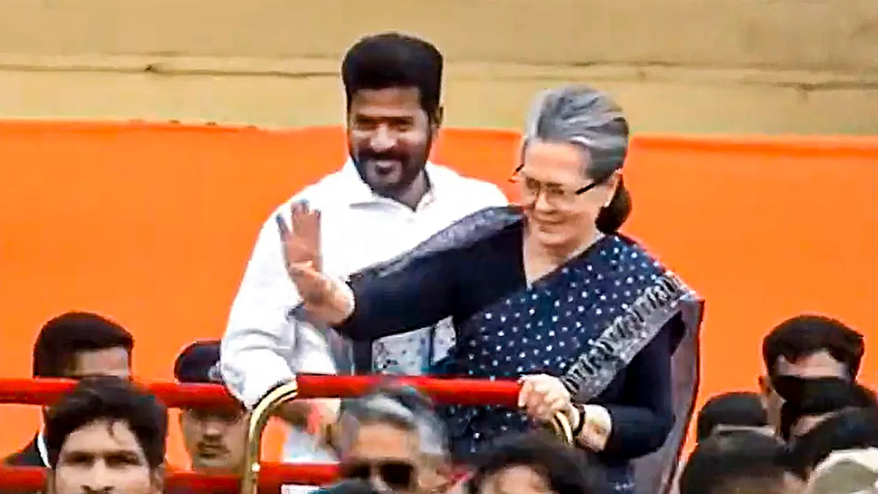 Congress leader Sonia Gandhi during the swearing-in ceremony of party's leader Revanth Reddy as Chief Minister of Telangana, in Hyderabad