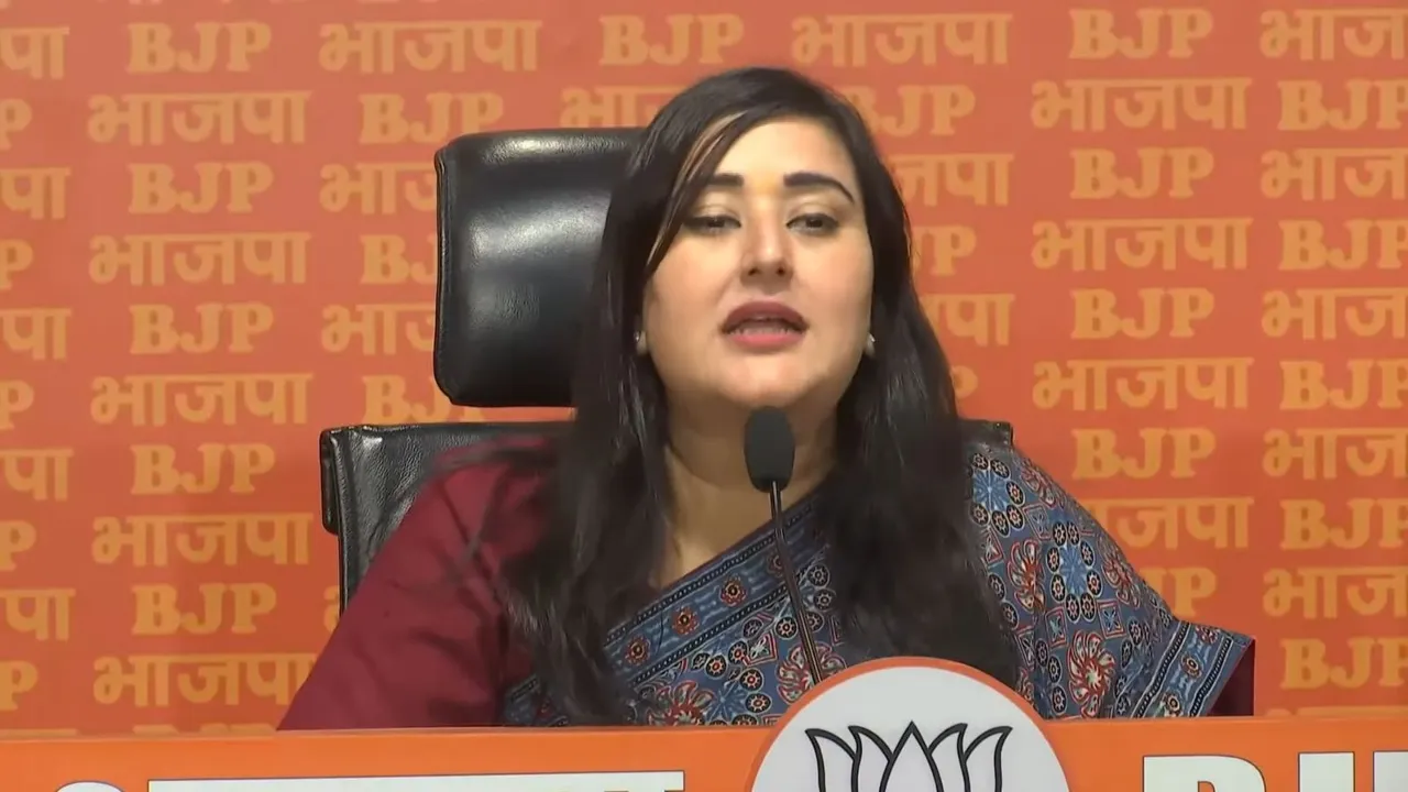 BJP MP Bansuri Swaraj addresses a press conference at the BJP headquarters, in New Delhi