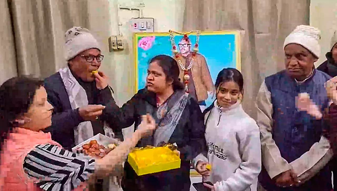 JDU leader Ram Nath Thakur, son of Karpoori Thakur, with family members celebrate after the announcement of 'Bharat Ratna'
