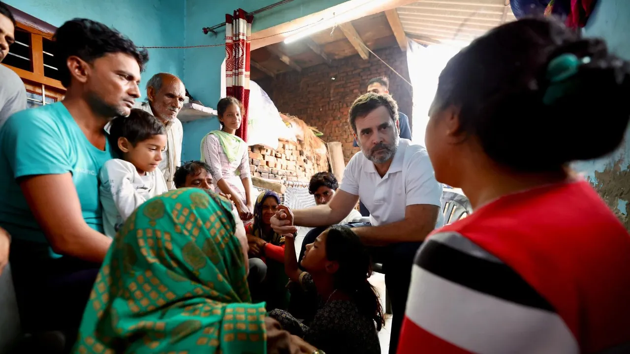 Congress leader Rahul Gandhi meets families of the victims of Hathras stampede incident, in Pilkhana village of Aligarh, Friday, July 5, 2024.