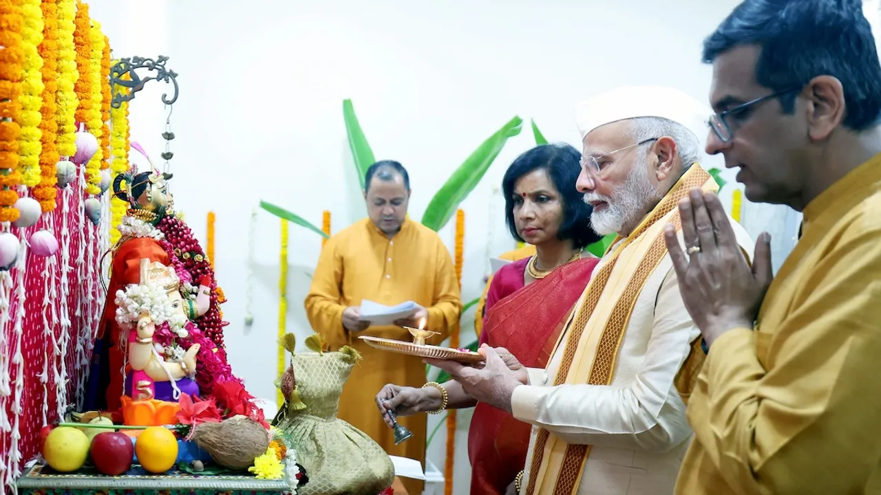 Prime Minister Narendra Modi attends 'Ganpati Poojan' at the residence of Chief Justice of India DY Chandrachud, in New Delhi, Wednesday, Sept. 11, 2024.
