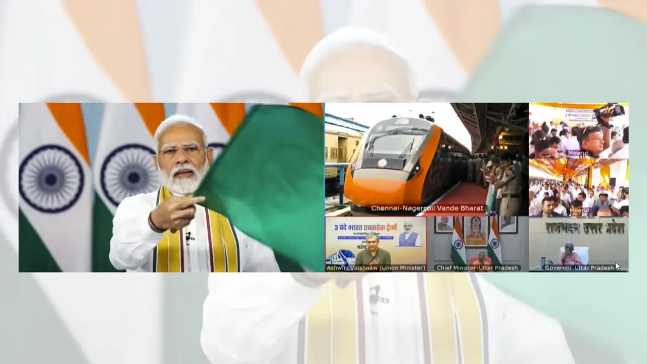 Prime Minister Narendra Modi flags off three Vande Bharat trains between Meerut and Lucknow, Madurai and Bengaluru, and Chennai and Nagercoil, via video conferencing, Saturday, Aug 31, 2024