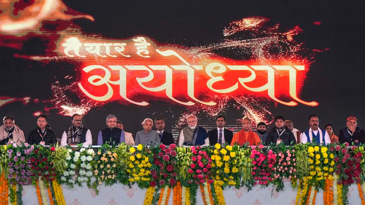 Narendra Modi with Uttar Pradesh Governor Anandiben Patel, Chief Minister Yogi Adityanath and others during a public meeting, in Ayodhya, Saturday, Dec. 30, 2023