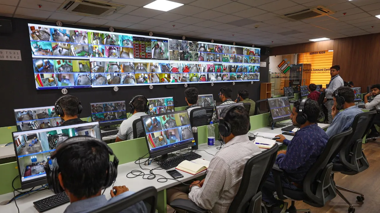 Officials at a high level command and control center, set up at the office of chief electoral officer (J&K) in Jammu