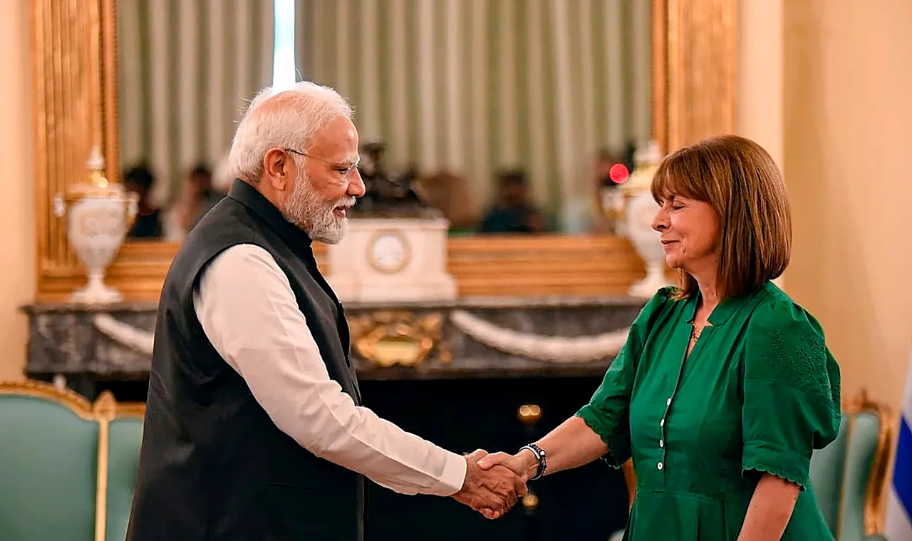 Prime Minister Narendra Modi during a meeting with President of Greece Katerina Sakellaropoulou, in Athens, Greece