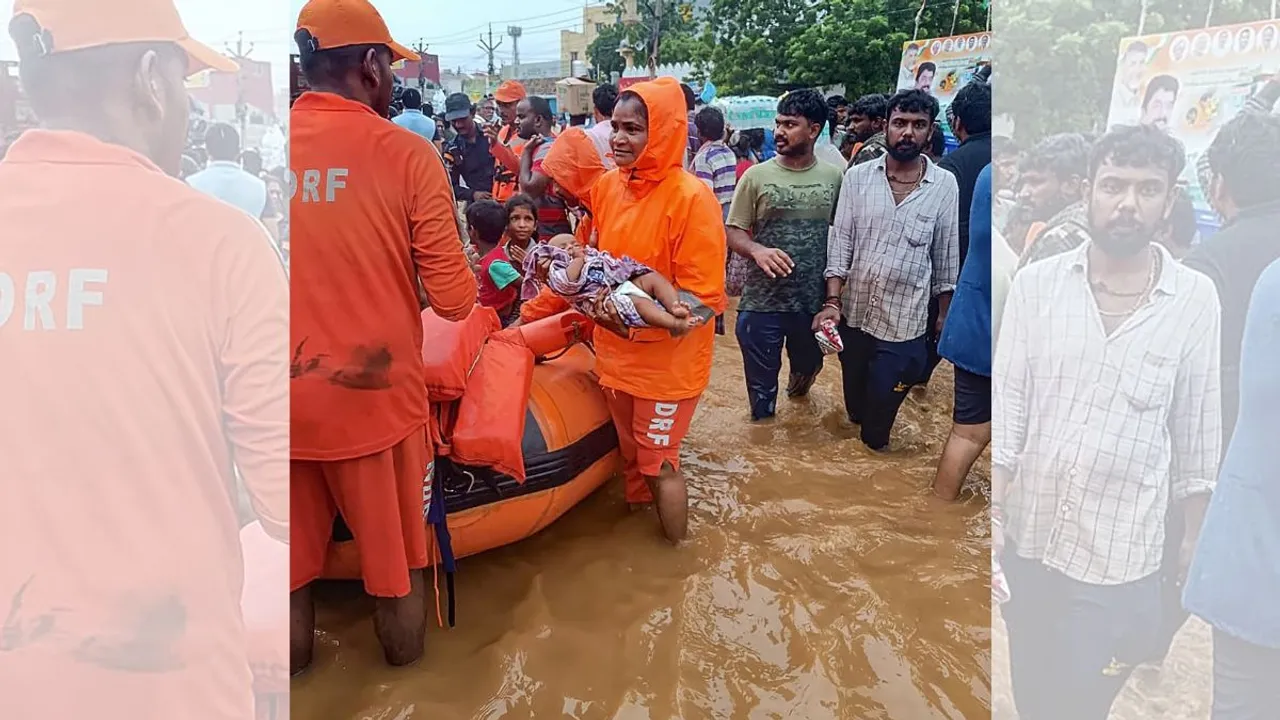 NDRF teams rescue children from a flood affected area in Andhra Pradesh