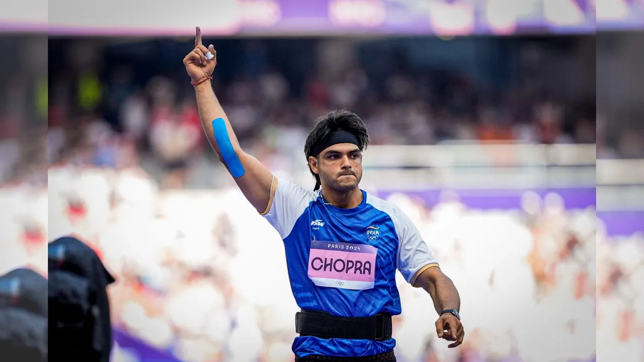 India's Neeraj Chopra during the Men's javelin throw qualification round at the 2024 Summer Olympics, in Paris, France, Tuesday, Aug. 6, 2024.