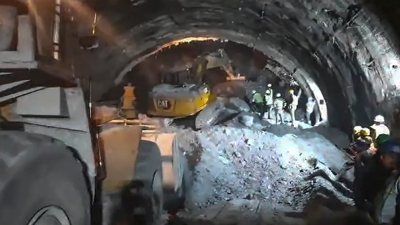 Rescue and relief operations underway after a portion of a tunnel under construction between Silkyara and Dandalgaon on the Brahmakhal-Yamunotri national highway collapsed, in Uttarkashi district