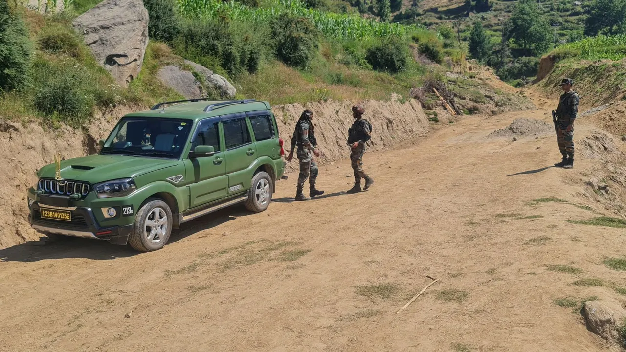 Security personnel during an anti-terror operation after four Army personnel, including an officer, died after being injured in a gunfight with terrorists, in Doda district of Jammu and Kashmir, Tuesday, July 16, 2024.