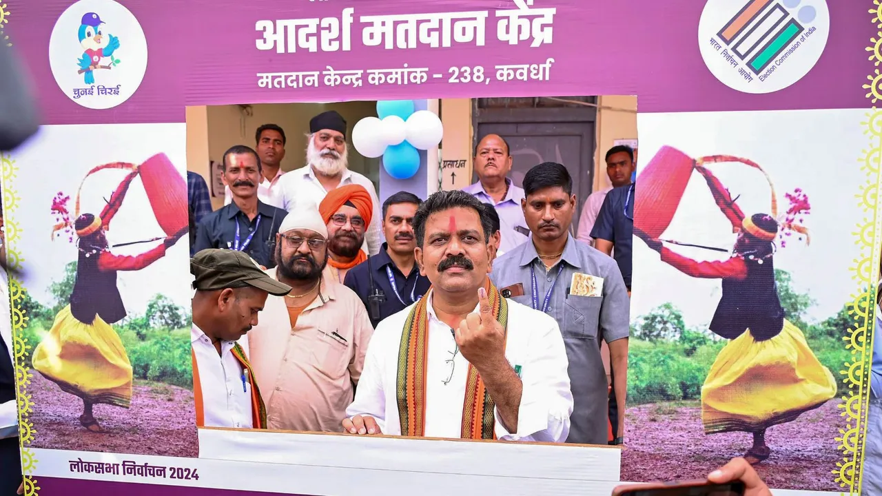 Chhattisgarh Deputy Chief Minister Vijay Sharma shows his finger marked with indelible ink after casting his vote for the 2nd phase of Lok Sabha elections, at Kawardha in Kabirdham district, Friday, April 26, 2024