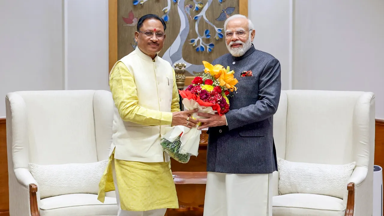 Prime Minister Narendra Modi with Chhattisgarh Chief Minister Vishnu Deo Sai during a meeting, in New Delhi, Saturday, Dec. 23, 2023