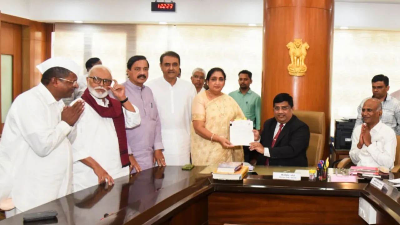 Nationalist Congress Party (NCP) leader Ajit Pawar's wife, Sunetra files her nomination for the Rajya Sabha bypolls in presence of party leaders Chhagan Bhujbal, Praful Patel and others leaders, at Vidhan Bhavan in Mumbai, Thursday, June 13, 2024.