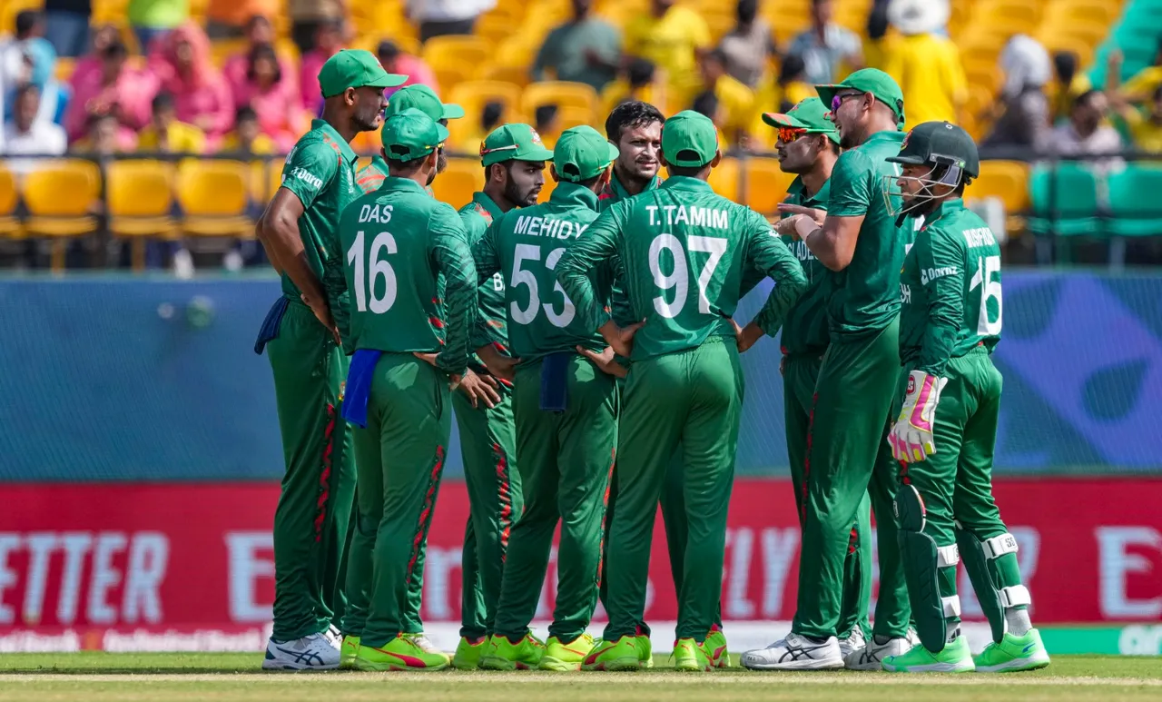 Bangladesh team celebrates the wicket of Afghanistan's Ibrahim Zadran during an ICC Men’s World Cup 2023 match, at HPCA Stadium, in Dharamshala