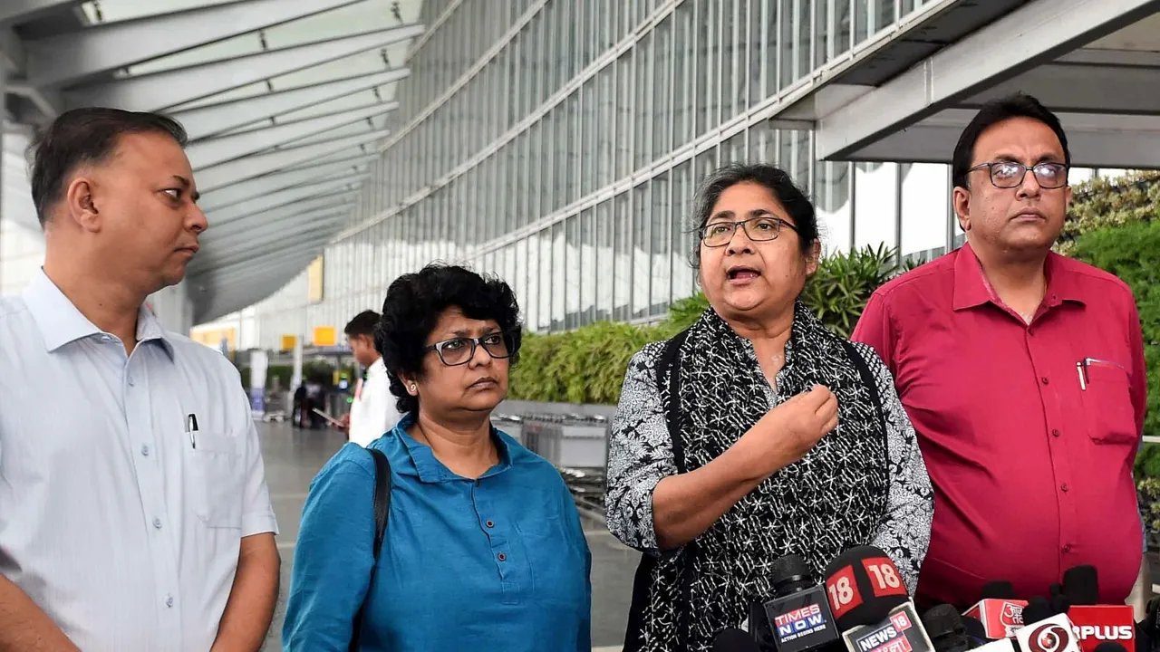 TMC leaders Dola Sen, Vivek Gupta and others address media at NSCBI Airport before leaving for Delhi ahead of a meeting with Election Commission of India, in Kolkata, Monday, April 8, 2024