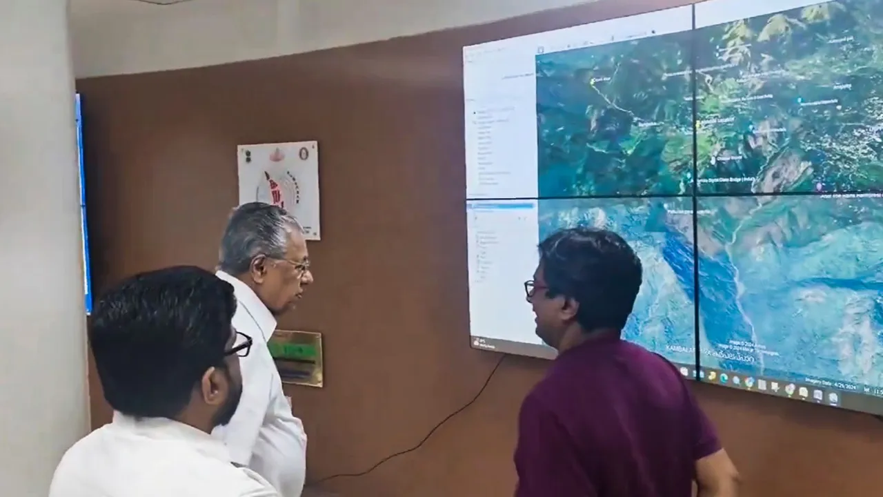 Kerala Chief Minister Pinarayi Vijayan evaluates the ongoing relief and rescue operations at SDM office in Chooralmala, following landslides in the hilly areas, in Wayanad district, Kerala, Tuesday, July 30, 2024.