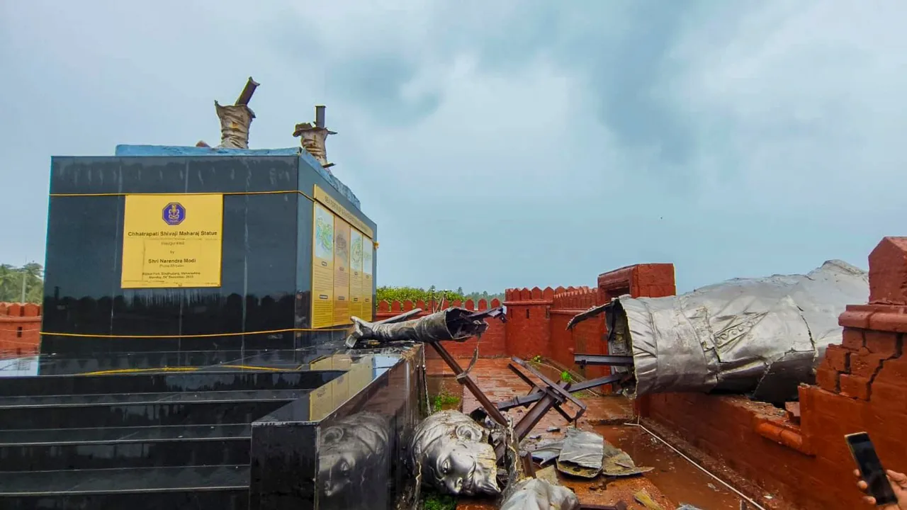 A statue of Chhatrapati Shivaji Maharaj, erected by the Navy and inaugurated by Prime Minister Narendra Modi last year, collapses at Rajkot Fort, in Malvan, Monday, Aug. 26, 2024. 