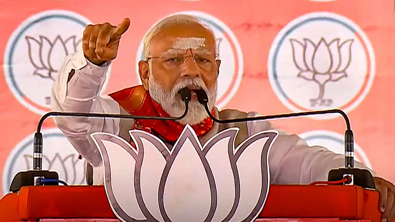 Prime Minister Narendra Modi during a public meeting for Lok Sabha polls, in Karimnagar, Wednesday, May 8, 2024