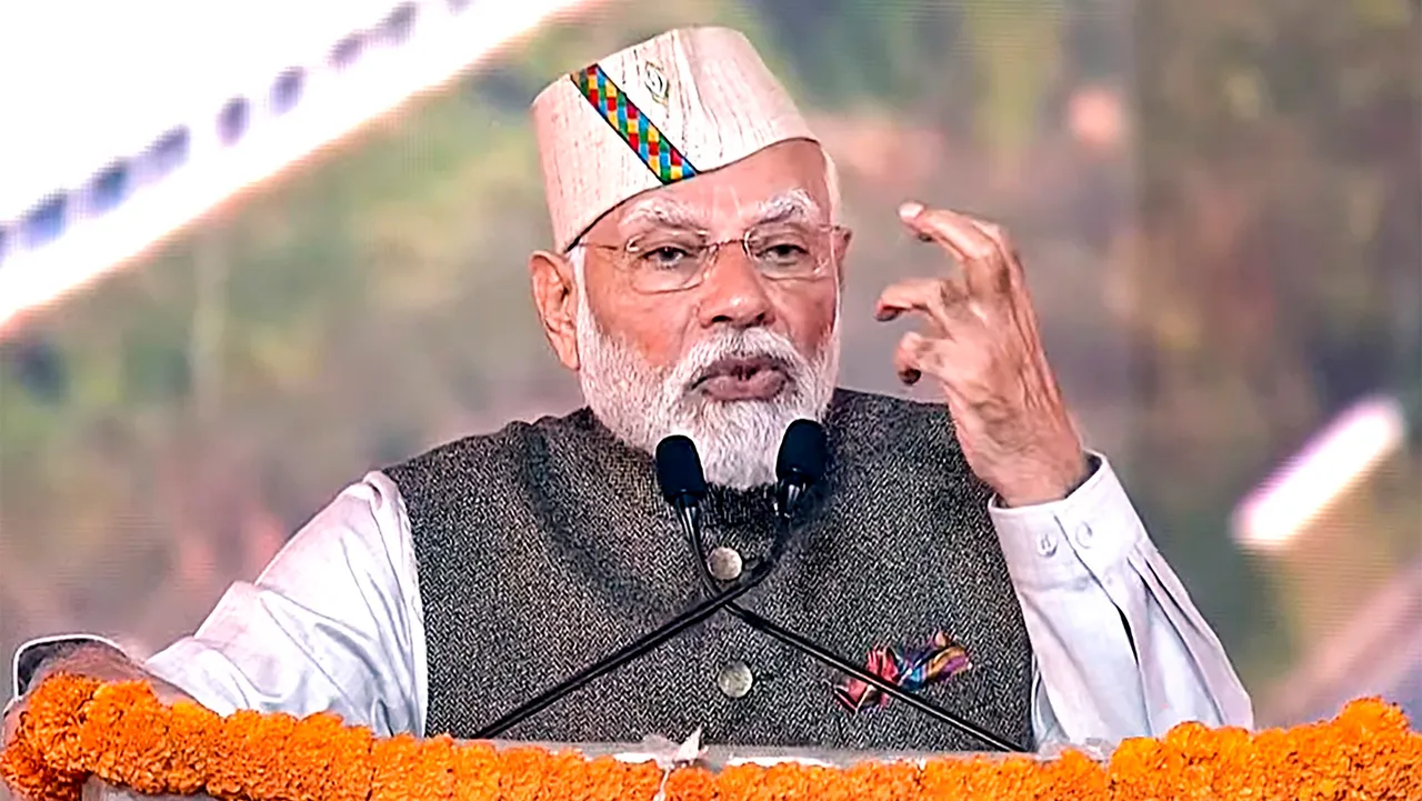 Prime Minister Narendra Modi addresses the gathering during the inauguration of 'Uttarakhand Global Investors Summit 2023', in Dehradun