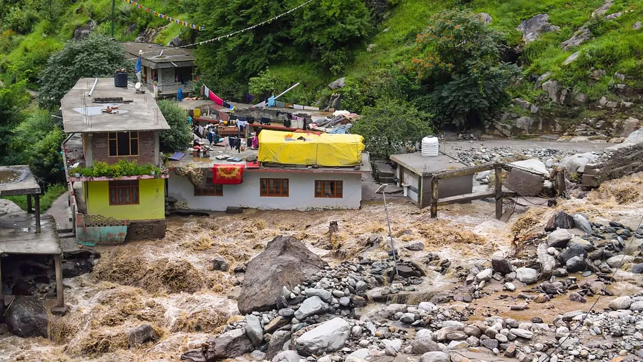 A view of floods at a village following a recent cloudburst, in Kullu district, Thursday, Aug. 1, 2024.
