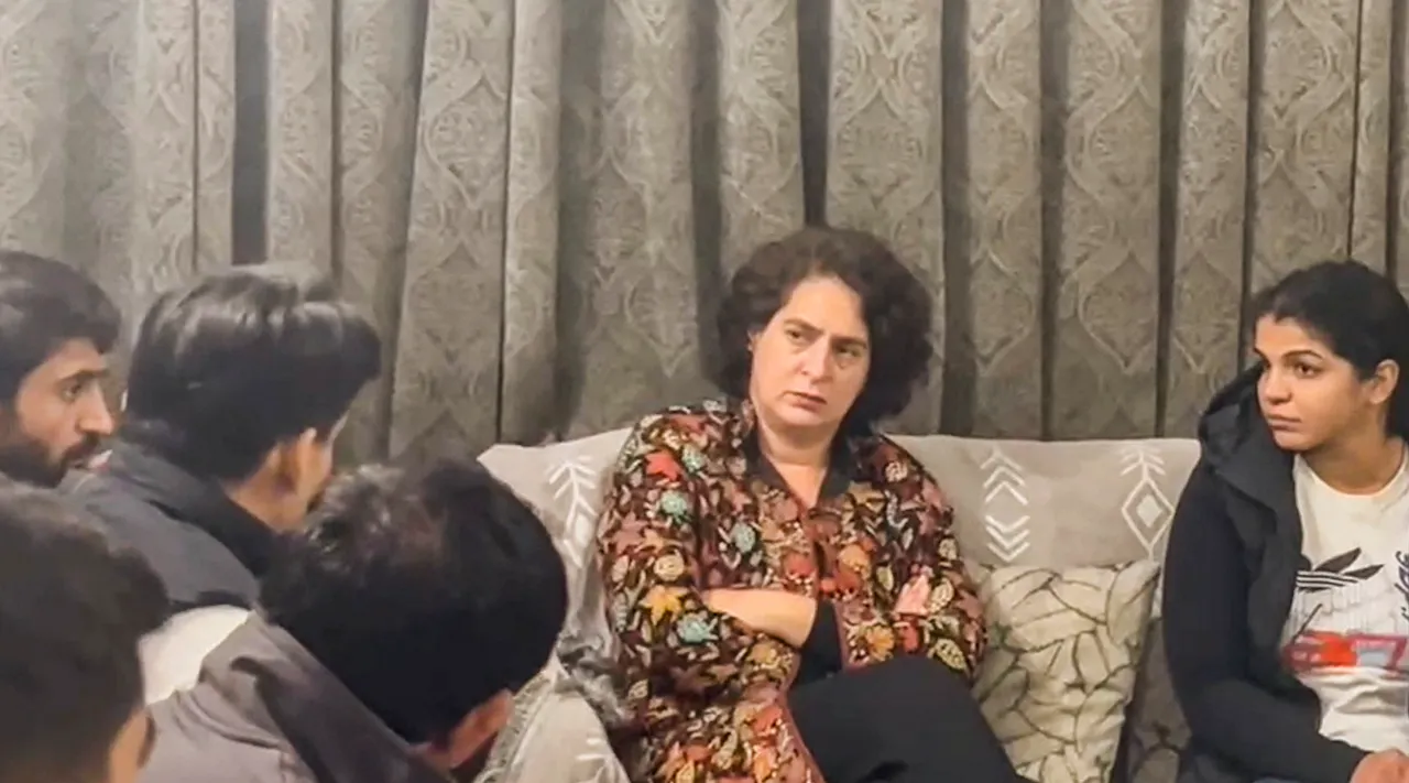 Priyanka Gandhi Vadra meets wrestlers Sakshi Malik, Bajrang Punia and others in New Delhi on Friday, December 22, 2023