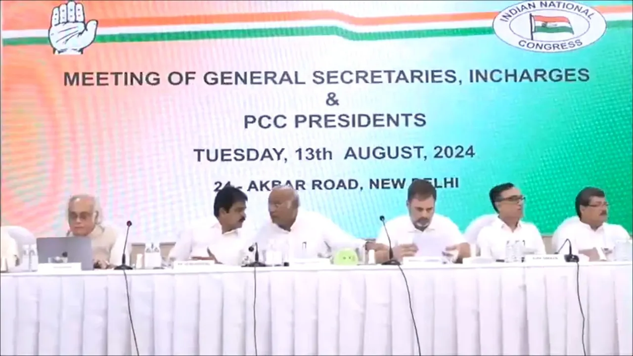 Congress president Mallikarjun Kharge with Rahul Gandhi and other party leaders in New Delhi