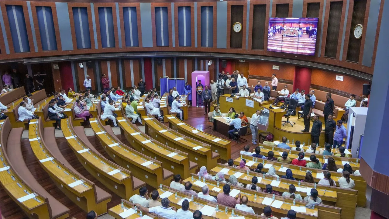 Councillors during the MCD's standing committee member election, being held, at MCD House in New Delhi, Friday, Sept 27, 2024.